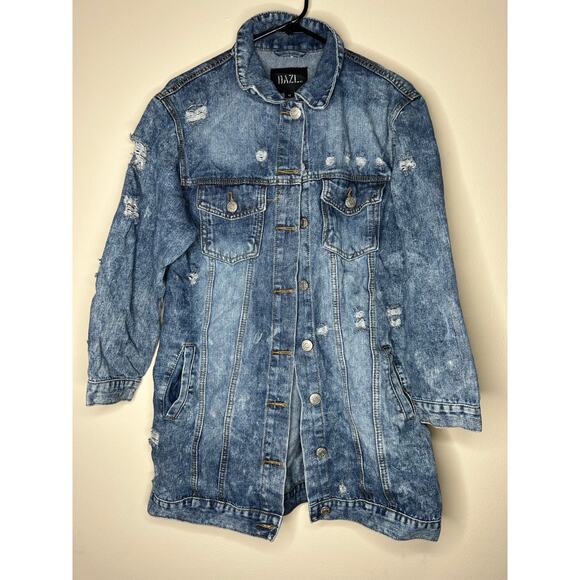 Women’s Medium DAZI Long Denim Jacket Distressed Jean Jacket Medium Wash - Picture 1 of 3
